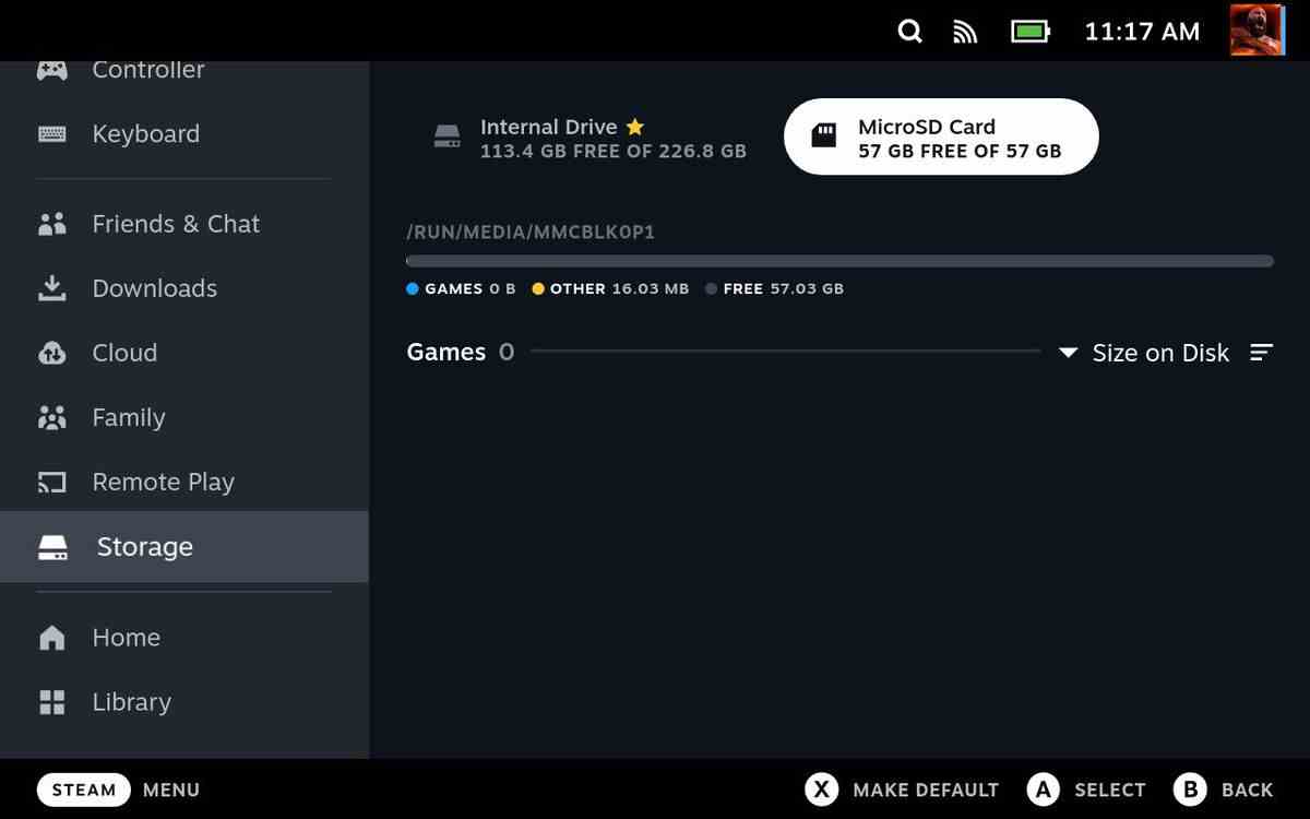 Le menu des paramètres de stockage Steam Deck avec l'option de stockage de la carte MicroSD en surbrillance.