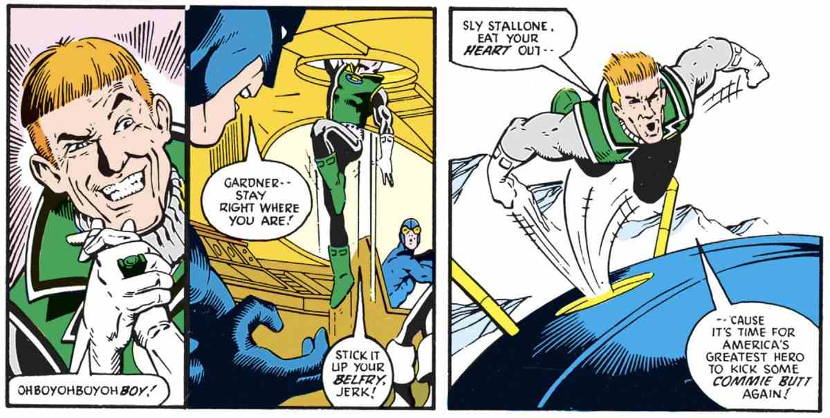 Guy Gardner se frotte joyeusement les mains avant de sauter d'une écoutille, contre les ordres de Batman.  