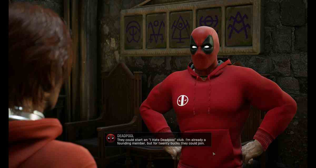 Deadpool parle au chasseur de la façon dont il pense que tout le monde à l'abbaye le déteste : 