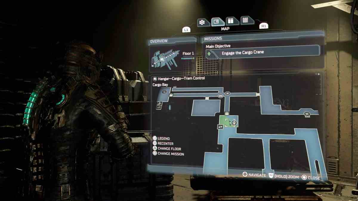 Dead Space RIG HUD montrant l'emplacement de la carte du casier.