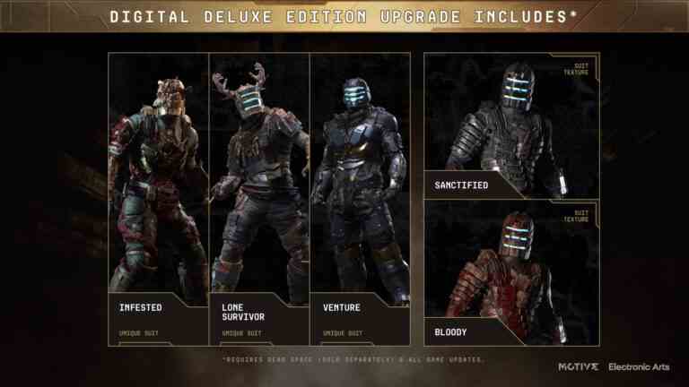 Here is a list of all of the different suits in the Dead Space remake and how and where to get them: Most of them require buying deluxe DLC.