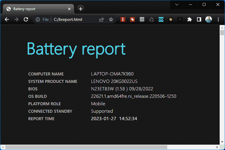 Rapport de batterie Windows