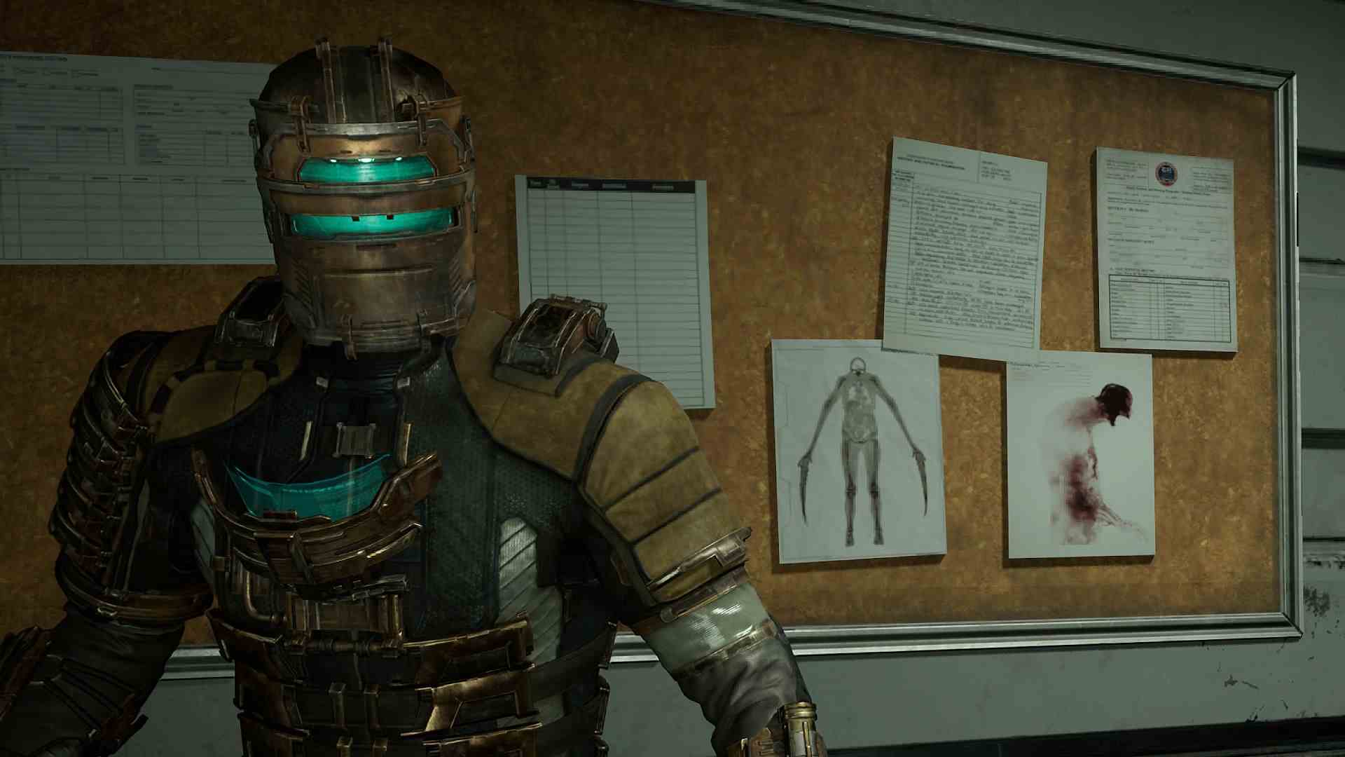 Les meilleurs décors de Dead Space : Isaac Clarke debout à côté de dessins de Nécromorphes