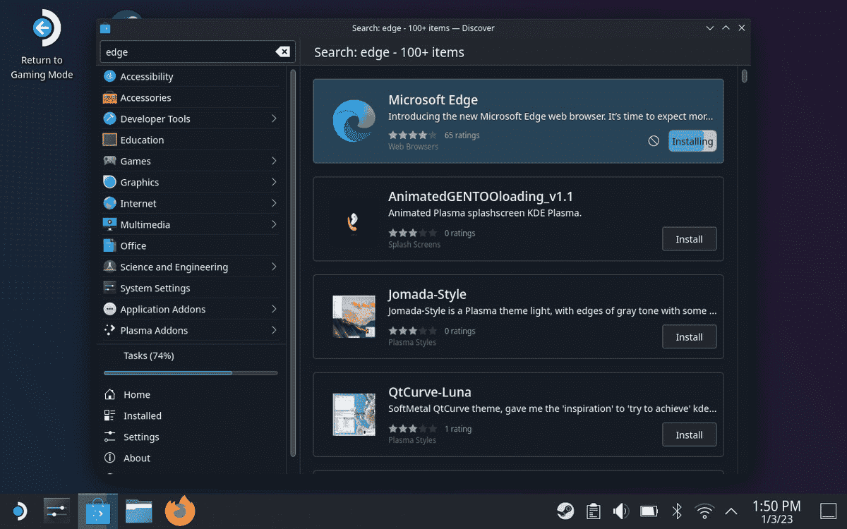 Utilisation de Discover en mode bureau de Steam Deck pour installer Microsoft Edge.