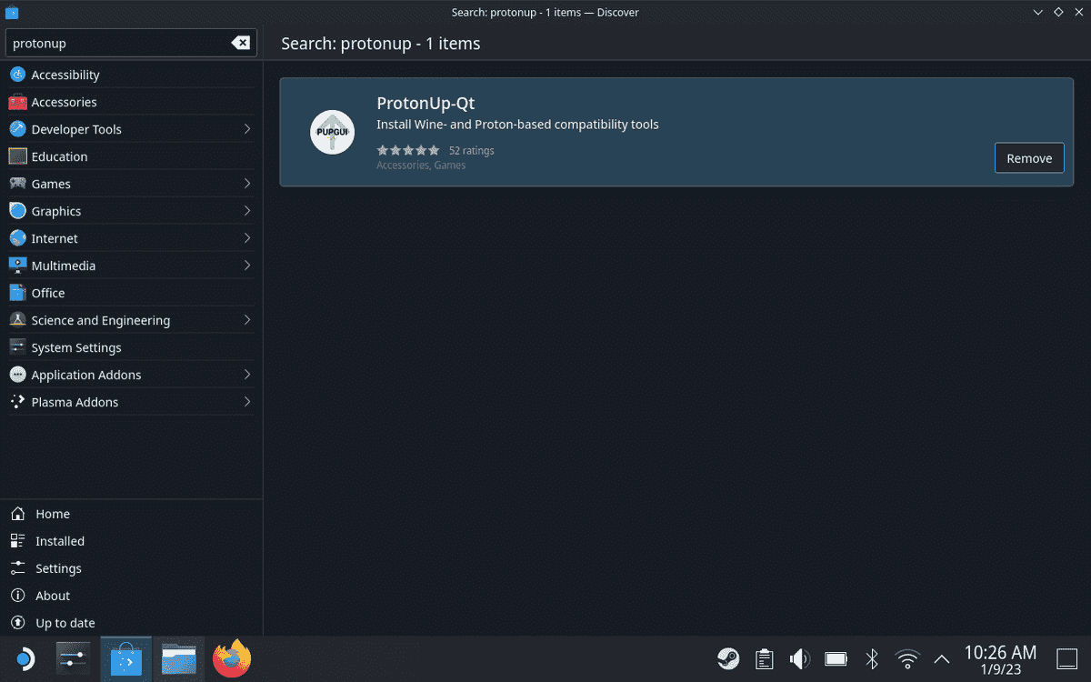 Utilisation de Discover de SteamOS pour installer ProtonUp-Qt.