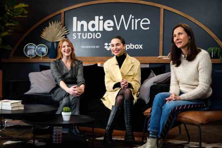 Rosalie Craig, Emilia Clarke and Sophie Barthes at the IndieWire Sundance Studio, Presented by Dropbox on January 20, 2023 in Park City, Utah.