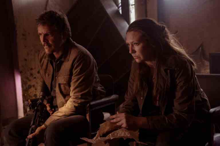 Pedro Pascal as Joel Miller and Anna Torv as Tess Servopoulos in HBO's The Last of Us