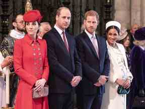 De gauche à droite, Kate, la duchesse de Cambridge, le prince William, le prince Harry et Meghan, la duchesse de Sussex assistent au service du Commonwealth avec d'autres membres de la famille royale à l'abbaye de Westminster à Londres, le lundi 11 mars 2019.