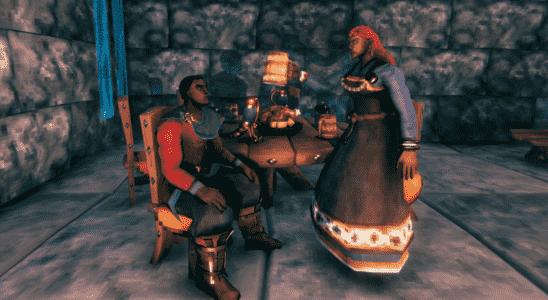 Two vikings saying cheers in Valheim.