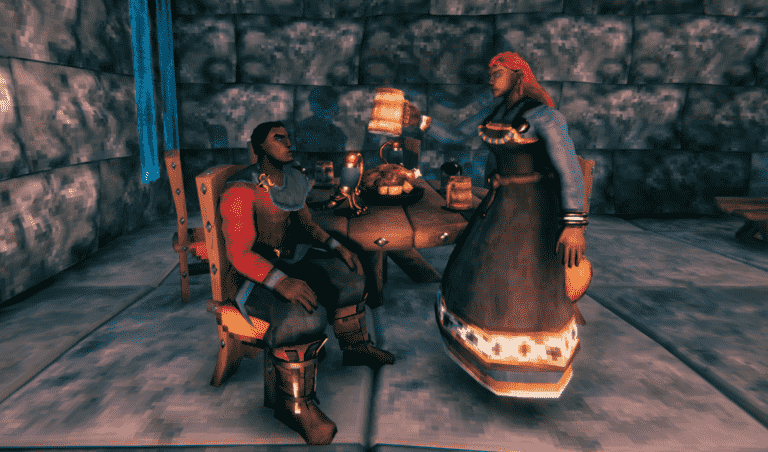 Two vikings saying cheers in Valheim.