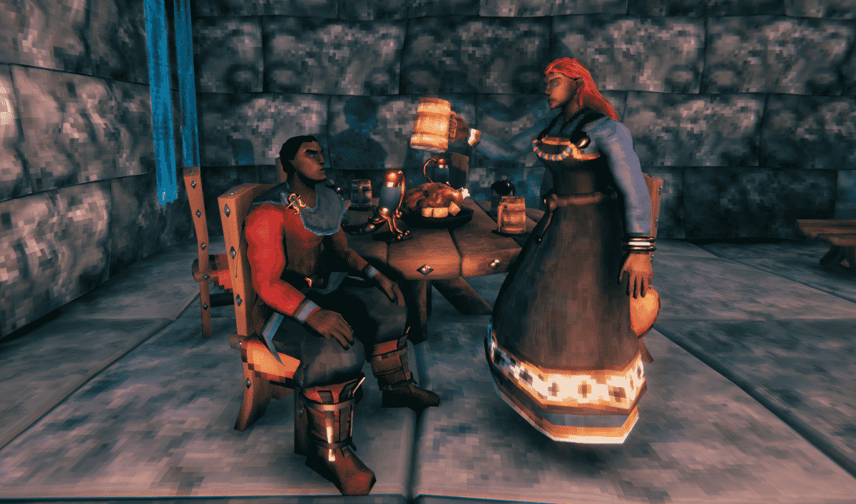 Two vikings saying cheers in Valheim.