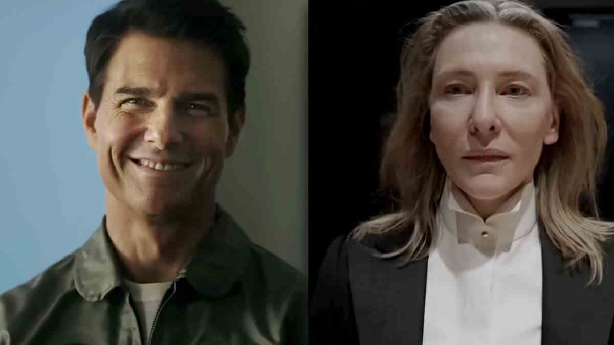 Tom Cruise as Maverick, Cate Blanchett starring in Tár