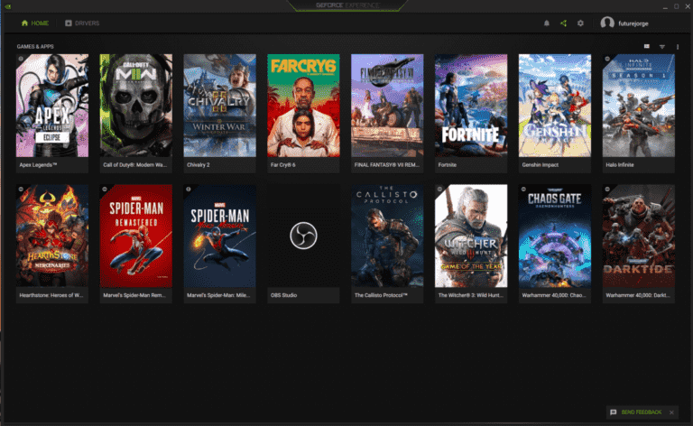 Nvidia GeForce Experience app homepage.