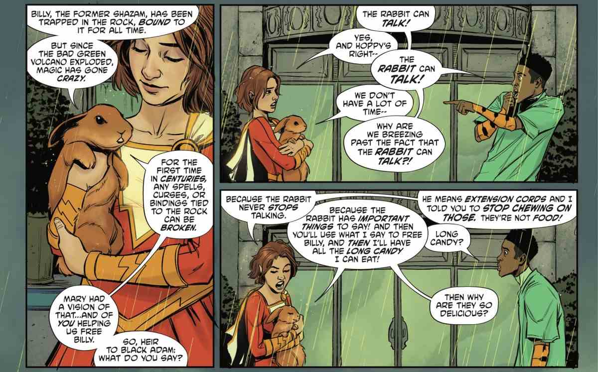 Mary/Champion de Shazam tient son lapin qui parle Hoppy alors qu'il explique à Malik White/Bolt que Billy Batson en a besoin.  Mary se plaint qu'il n'arrête jamais de parler et Hoppy proteste qu'il a des choses importantes à dire.  