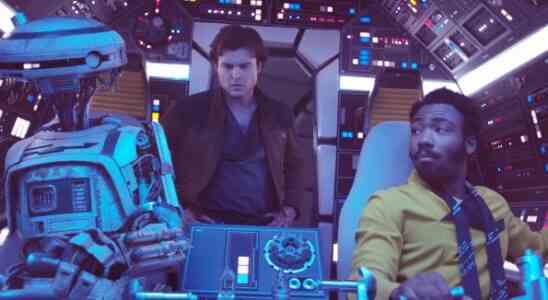 SOLO: A STAR WARS STORY,  from left: L3-37 (voice: Phoebe Waller-Bridge), Alden Ehrenreich as Han Solo, Donald Glover as Lando Calrissian, 2018. © Lucasfilm/ © Walt Disney Studios Motion Pictures /Courtesy Everett Collection