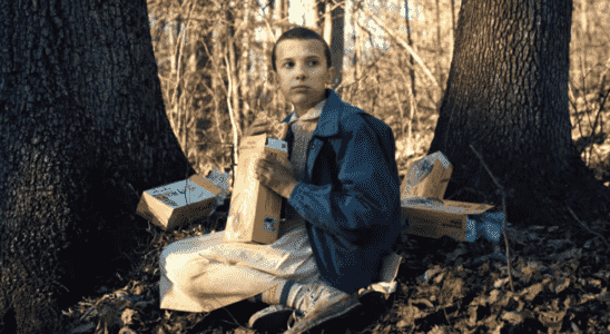 millie bobby brown as eleven eating waffles in the woods