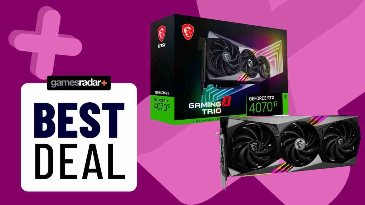 Where to buy RTX 4070 Ti Hero image with purple background, best deal stamp, and picture of the 4070 Ti to the right