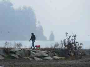 Les promeneurs de chiens les jours de pluie sur Amble Side Beach bravent le vent violent à West Vancouver, C.-B.