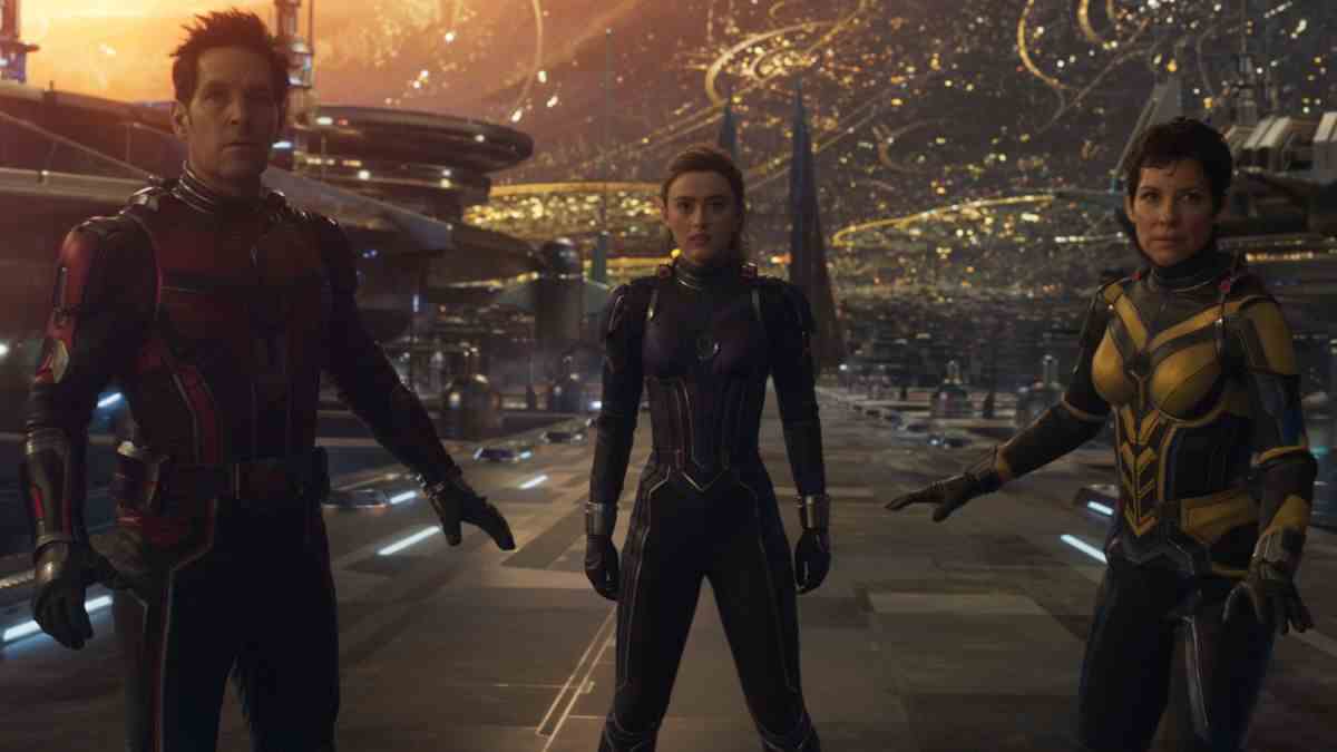 Paul Rudd, Kathryn Newton and Evangeline Lily in Ant-Man and the Wasp: Quantumania