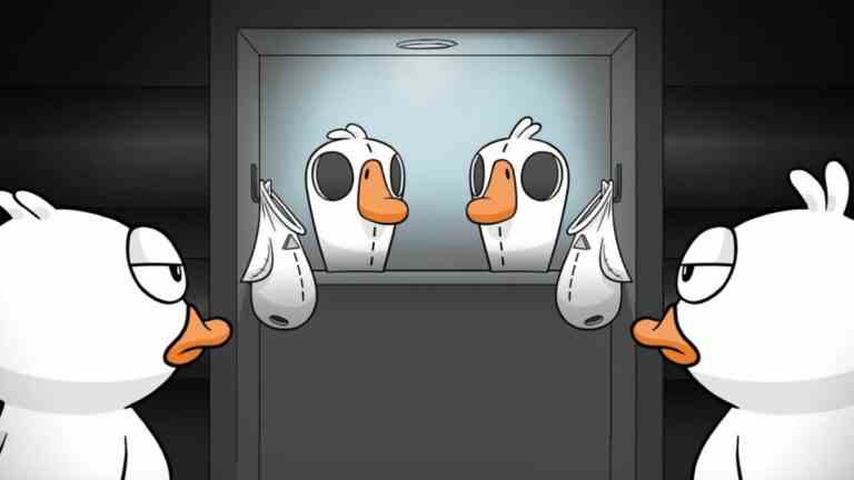 An image from the Goose Goose Duck gameplay trailer, showing two ducks looking at disguises.