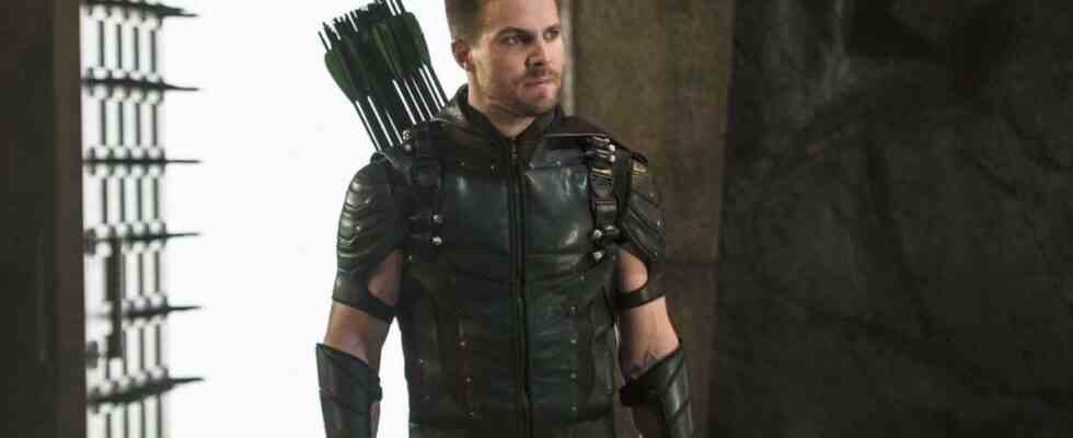 Stephen Amell as Oliver Queen suited up as Green Arrow