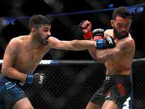 Julio Arce décroche un coup de poing contre Dan Ige dans leur combat poids plume lors de l'UFC 220 au TD Garden le 20 janvier 2018 à Boston, Massachusetts.  (Photo de Mike Lawrie/Getty Images)