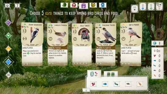 Meilleurs jeux de société PC - cinq cartes avec différents oiseaux dessus dans Wingspan.