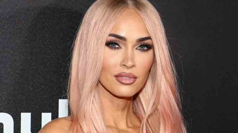 Megan Fox on the red carpet 2022, pink hair.