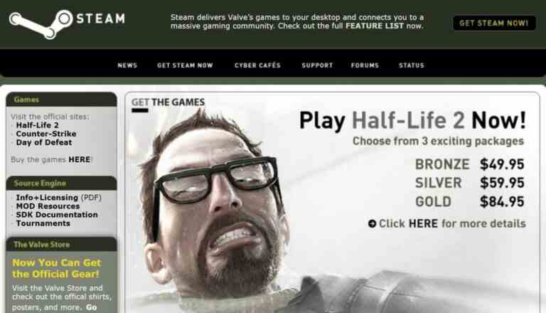 Image of Steam Homepage circa May 2005 with squashed, crowded web design, prominent image of Gordon Freeman struggling with a tentacle around his neck, adverts for Condition Zero and the HL2 art book, and other artifacts of the era.