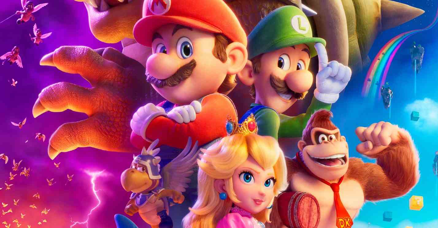 The Super Mario Bros. Movie official poster ensemble cast Mario Luigi Donkey Kong Peach Toad Bowser