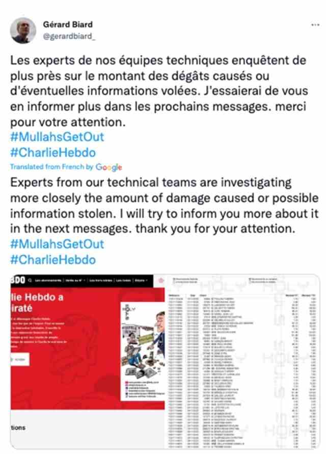 Publication sur Twitter prétendant provenir de l'usurpation d'identité d'un rédacteur en chef de Charlie Hebdo.