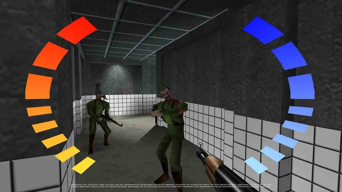 James Bond prépare un soviétique KF7 vers un garde ennemi dans GoldenEye 007