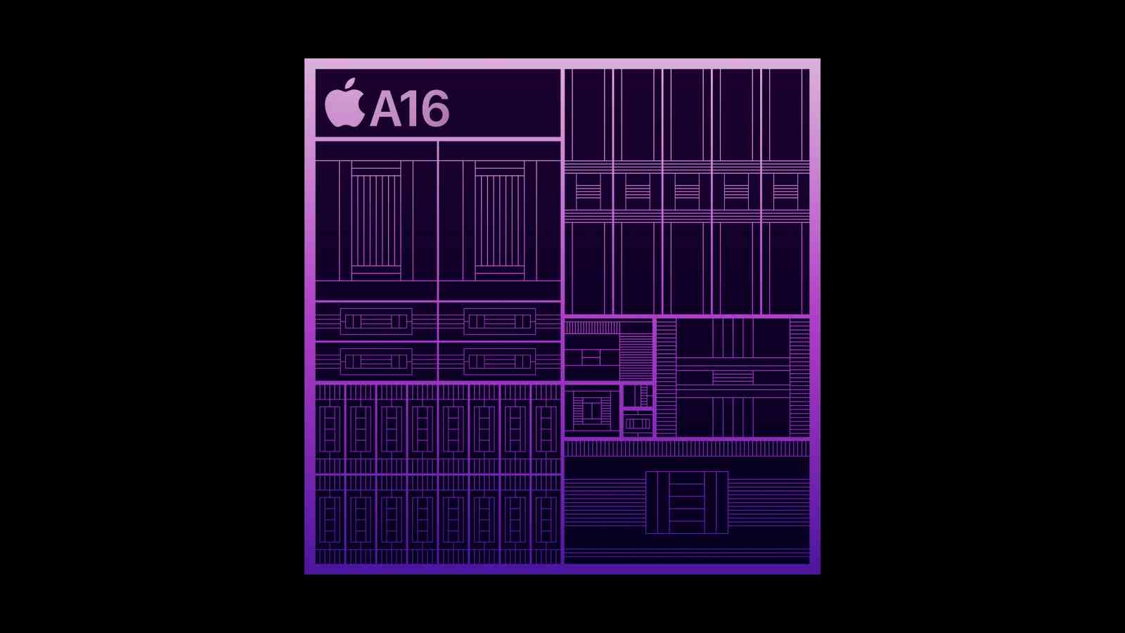 Un diagramme SoC A16 Bionic sur fond noir