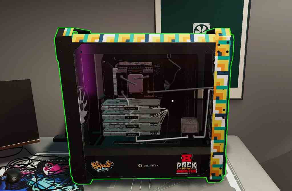 Un PC entièrement construit avec 4 cartes graphiques Radeon 7 refroidies à l'eau avec des tubes rigides.