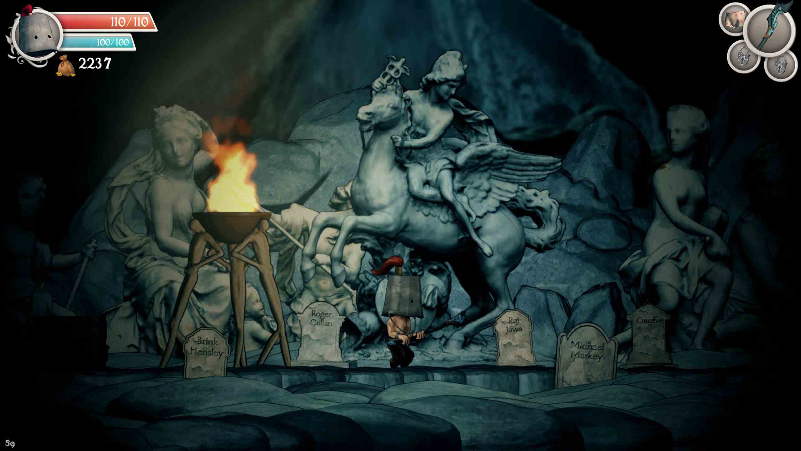 Rufus se tient devant la statue d'une femme à cheval.  Le sol a des pierres tombales qui ont été gravées avec des noms.  Un feu brûle sur une plate-forme soutenue par des planches de bois.  Le feu fournit la seule lumière à cette zone faiblement éclairée.