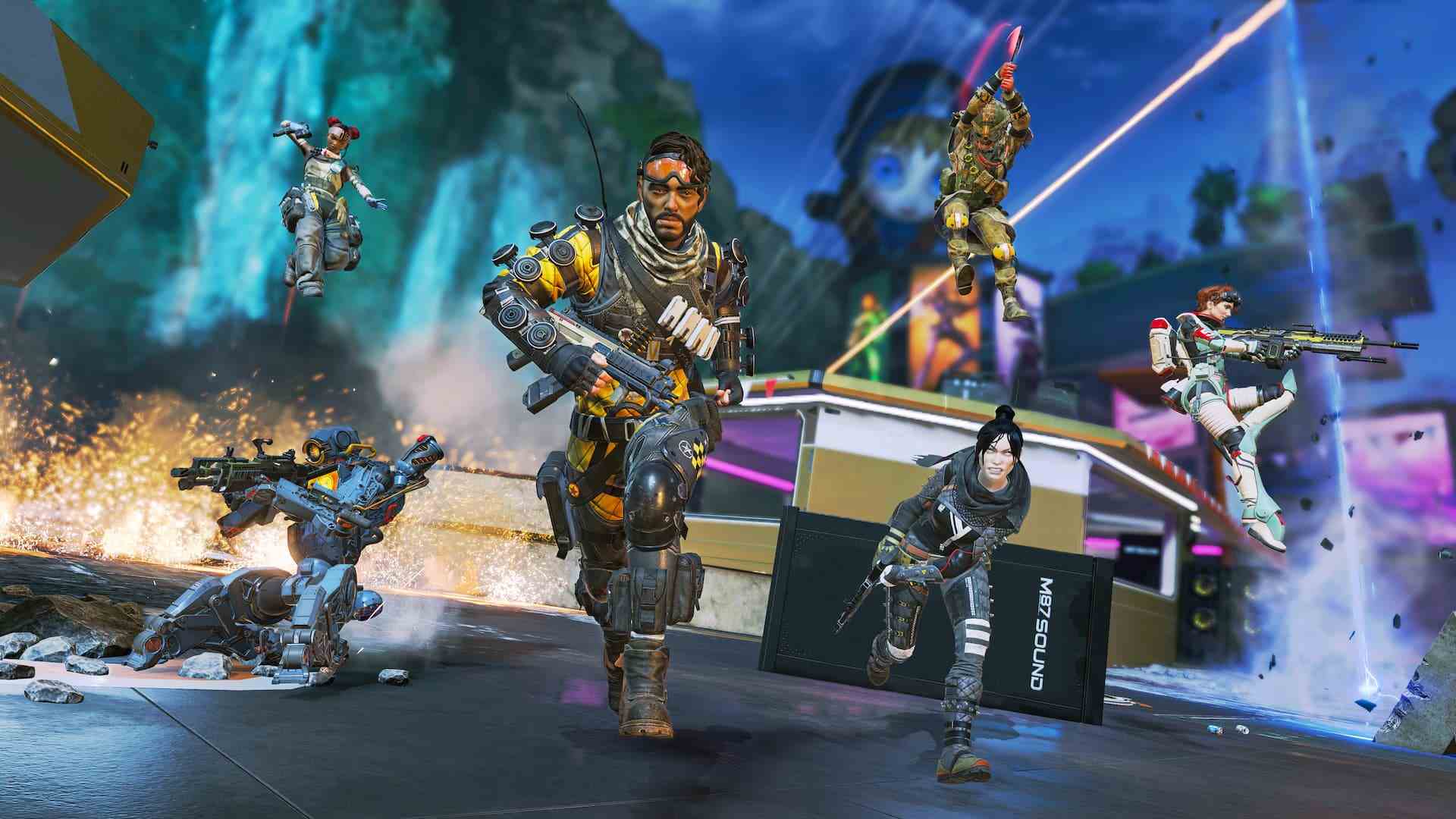 Apex Legends Saison 16 révise les classes, saute l'ajout d'un nouveau personnage : six coéquipiers avec des armes chargeant sur un champ de bataille