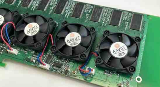 A Voodoo 5 6000 graphics card with fans covering chips