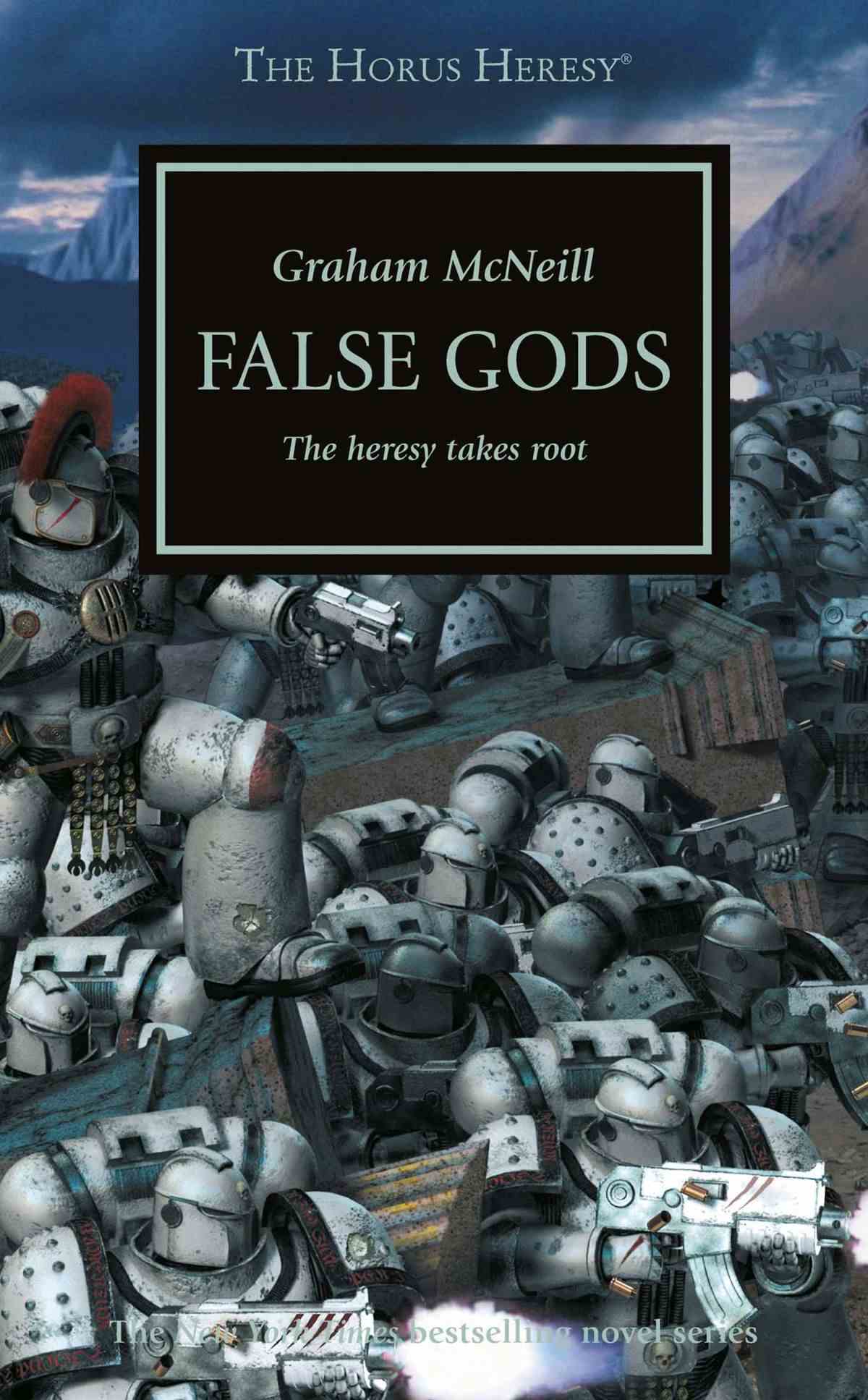 Une compagnie de space marines en armure blanche attaque un ennemi à travers des colonnes romanes dégringolées.  Le ciel est sombre.