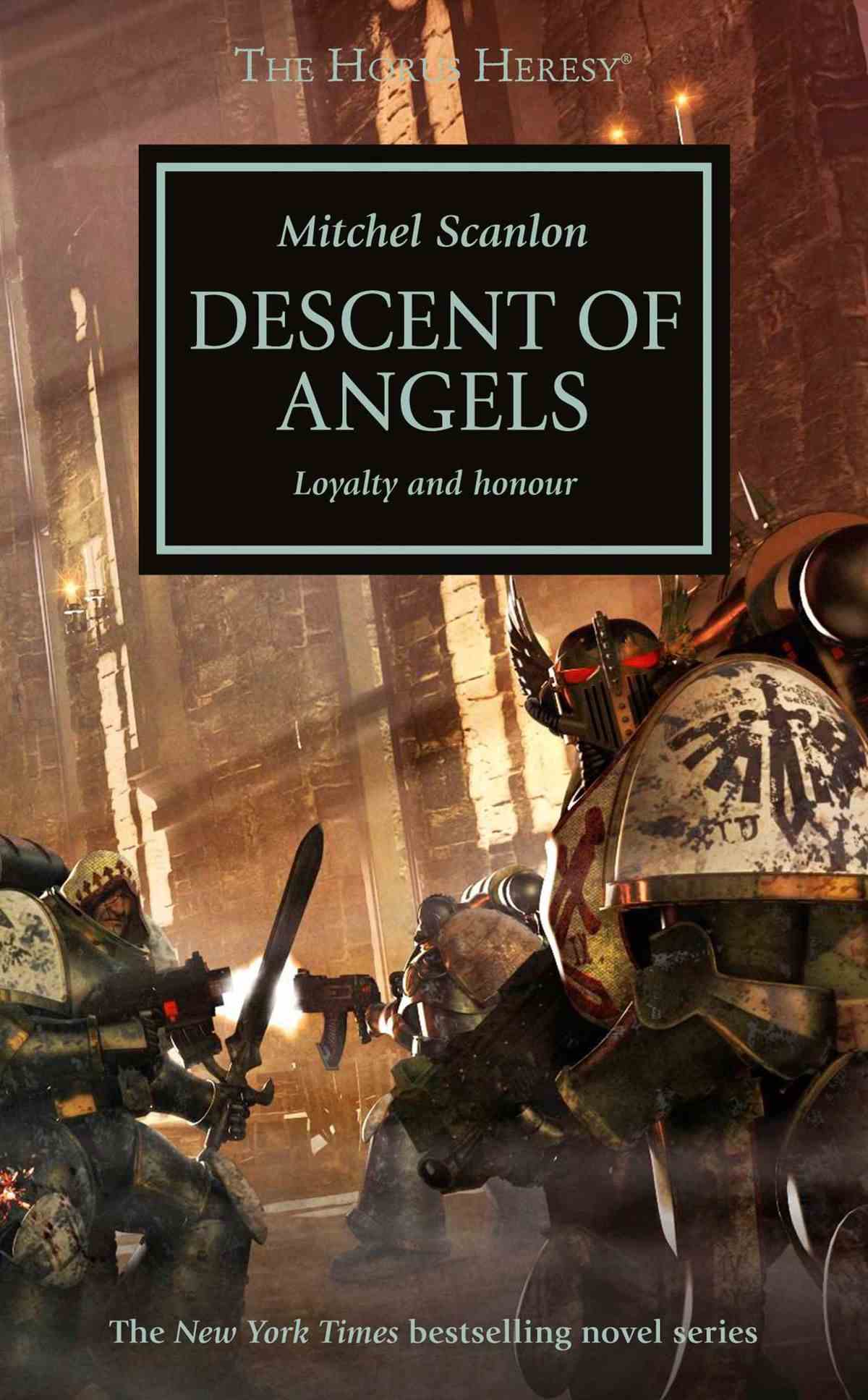 Trois Space Marines Dark Angels vêtus de robes et d'armures vertes/noires repoussent un assaut depuis l'intérieur d'un espace cathédrale.