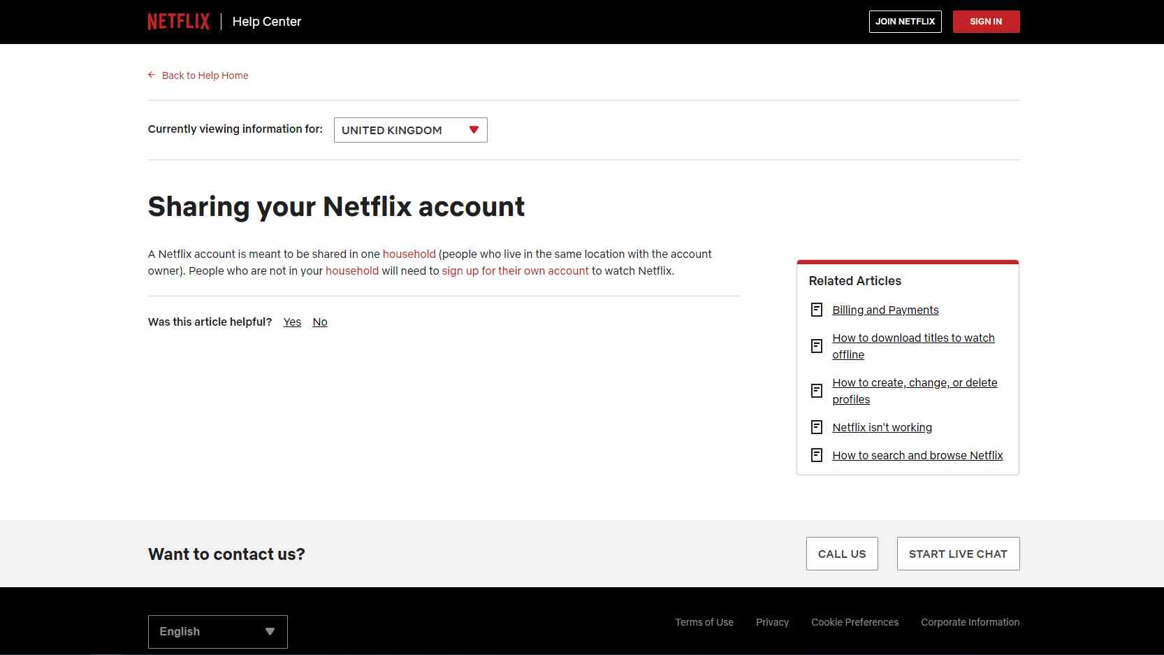 Une capture d'écran montrant la page FAQ sur le partage de compte Netflix au 09/02/2022