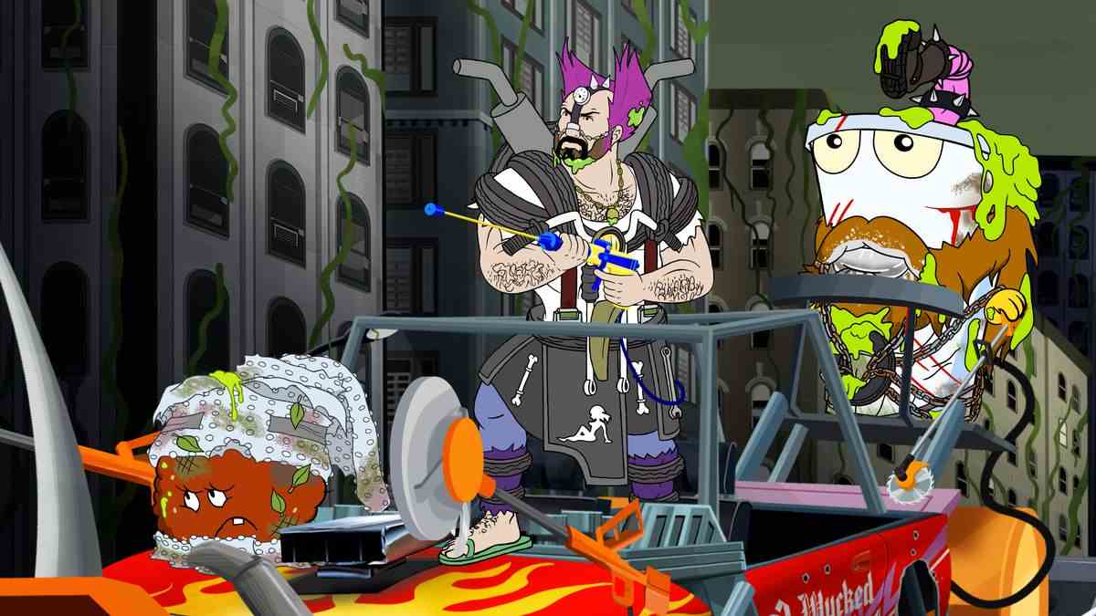 Le gang Aqua Teen se tient sur une voiture et semble prêt pour la bataille dans Aqua Teen Forever: Plantasm.