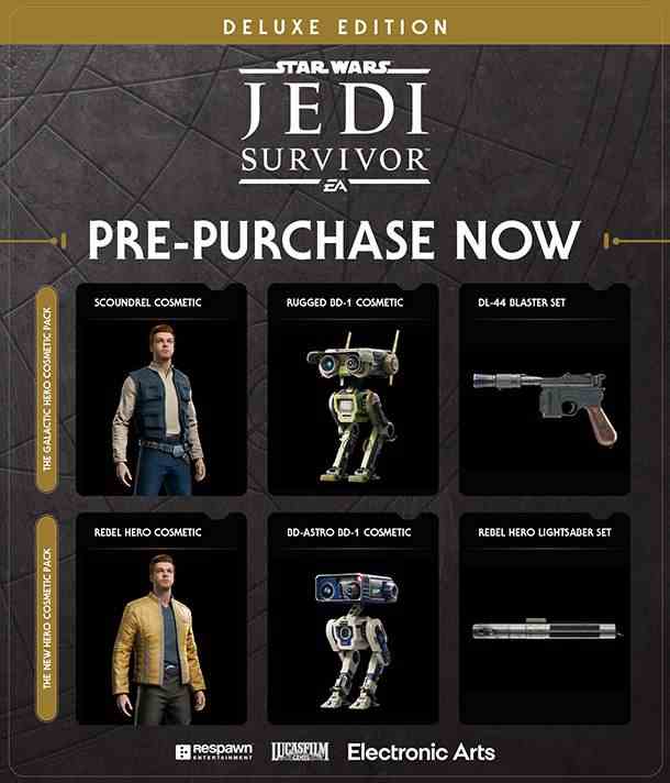 Un graphique pour les bonus de précommande de l'édition de luxe Star Wars Jedi: Survivor, qui comprend un cosmétique 