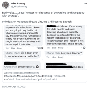 Un tweet de Mike Ramsay, conseiller scolaire ontarien.  C'est le retweet de Stone de ce message qui a incité les enquêteurs du conseil scolaire à dire qu'elle sapait les efforts du district pour contrer le «racisme anti-noir» et créer «des espaces exempts de discrimination».