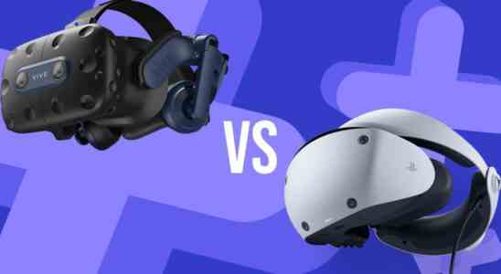 GamesRadar graphic background with the PSVR 2 and HTC Vive Pro 2 squared up with one another