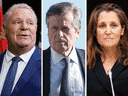 De gauche à droite : le premier ministre de l'Ontario Doug Ford, le maire de Toronto John Tory et la vice-première ministre Chrystia Freeland. 