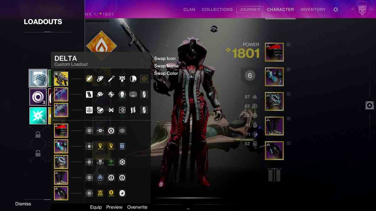 Écran d'inventaire de Destiny 2 avec le menu de chargement apparaissant sur le côté gauche, avec une vue détaillée du chargement sélectionné