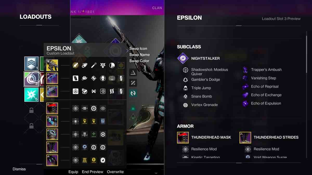 Écran d'inventaire de Destiny 2 avec le menu de chargement apparaissant sur le côté gauche, avec une vue détaillée du chargement sélectionné, y compris la sous-classe sur la droite