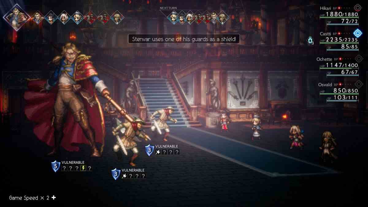 Les membres du groupe combattent un boss dans l'entrée d'un château dans Octopath Traveler 2