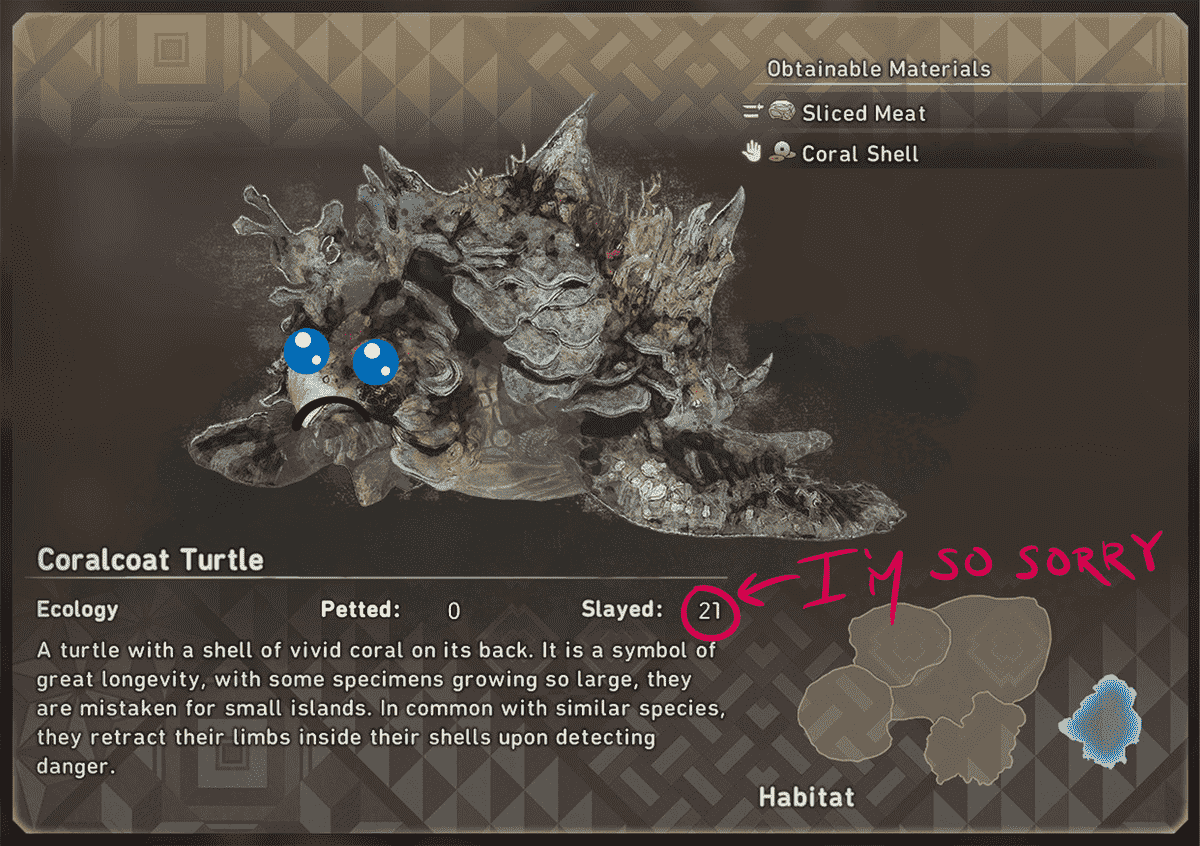 L'entrée Wild Hearts pour la tortue coralcoat.  Le nombre caressé est zéro et le nombre tué est 21. La tortue a de grands yeux tristes et un froncement de sourcils dessiné.  Quelqu'un a écrit 