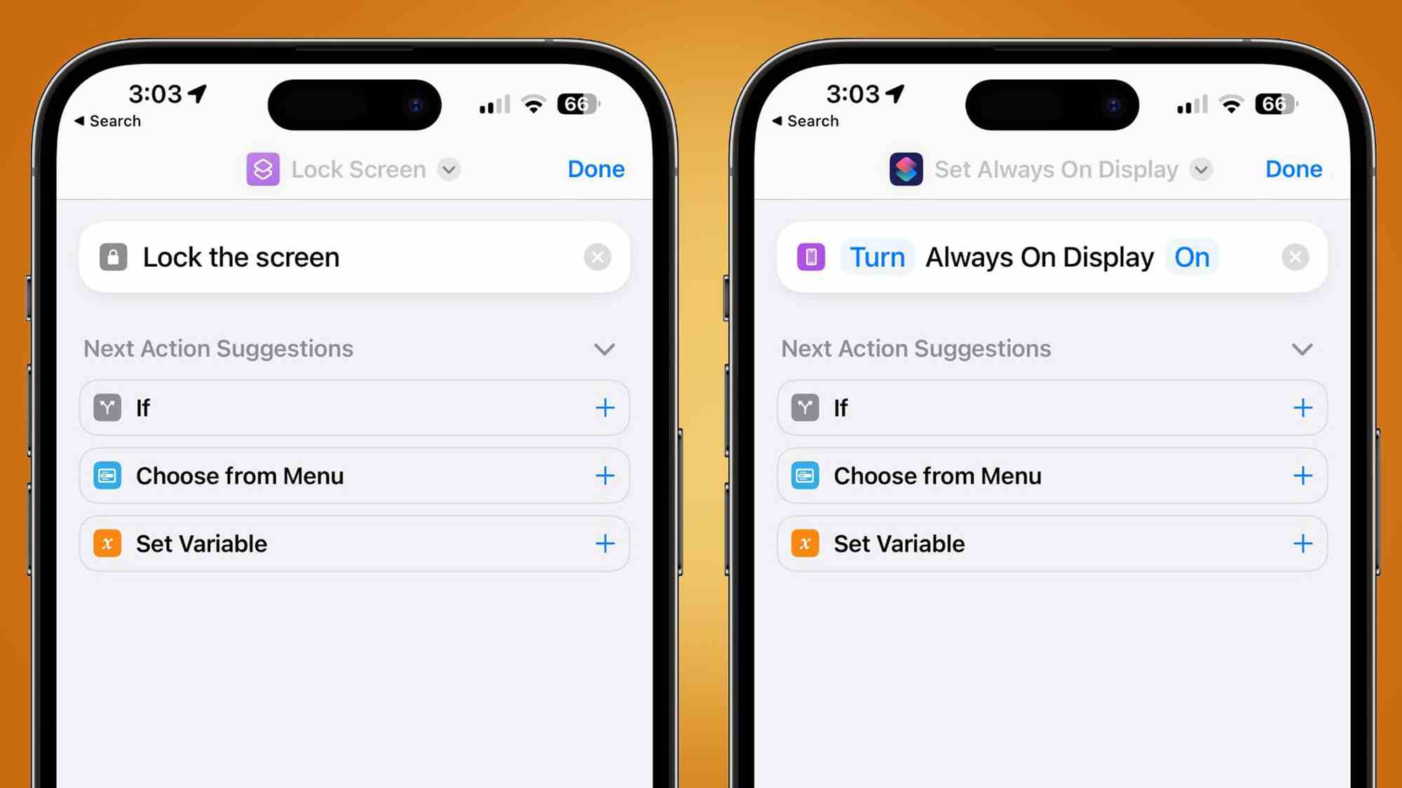 Deux iPhones affichant de nouvelles options dans l'application Raccourcis d'Apple